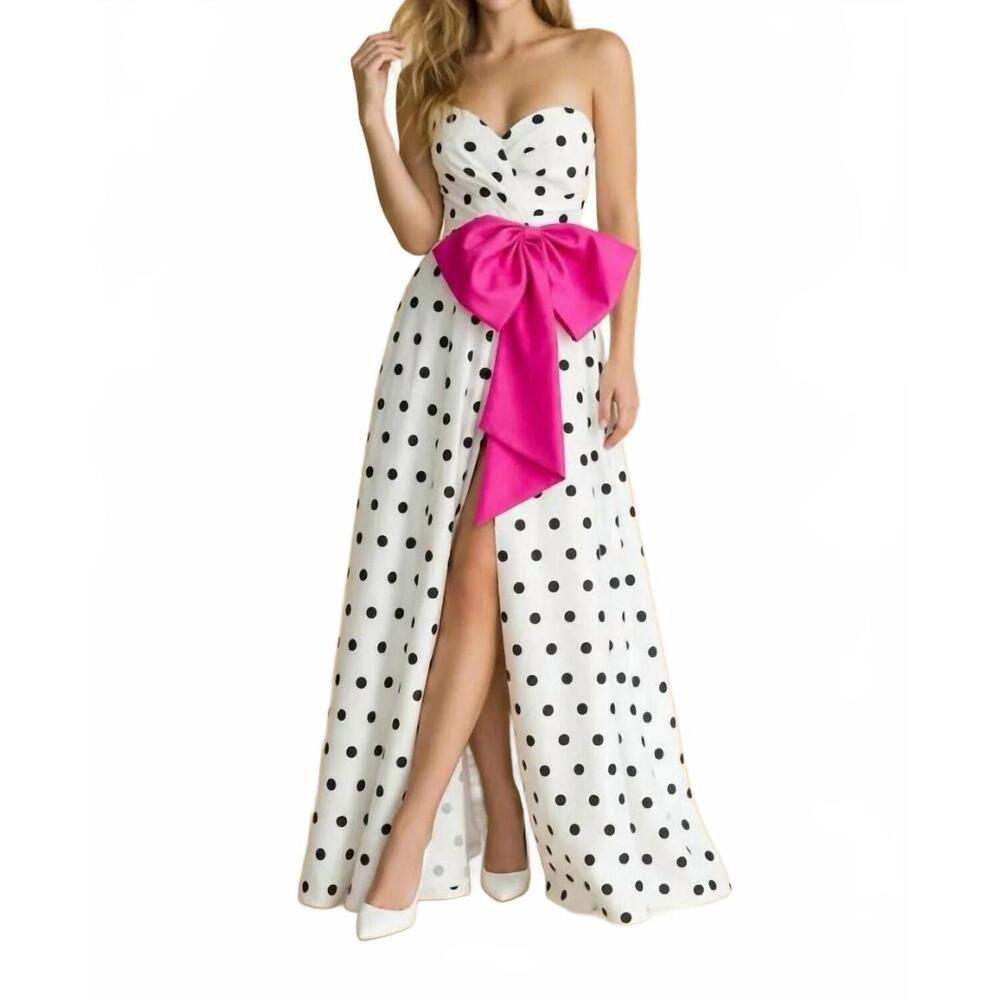 NEW COUTURE LEE strapless a-line gown with bow in polka dot pink bow